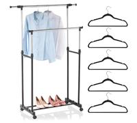 K AKTUAL Burro ropa doble con ruedas - Barra extensible para colgar más prendas - Medida 89-145 x 43 x 90-160 cm - Perchero burro resistente - Incluye 5 perchas de terciopelo