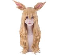 K/DA Ahri Mujer Peluca larga y rizada dorada con oreja Disfraz de Cosplay KDA Pelucas de rendimiento de fiesta de cabello sintético resistente al calor
