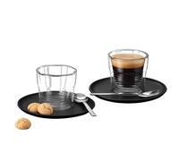 K-FEE Vasos térmicos de doble pared, 2 vasos de 75 ml con 2 platillos y 2 cucharaditas, tazas de café, café expreso, vidrio de borosilicato, apto para lavavajillas