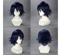 K Fushimi Saruhiko Cosplay peluca azul oscuro negro corto Fluffy Layered Costume pelucas (sin gafas) + gorro de peluca