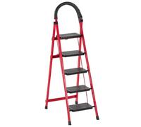 K IKIDO Escalera plegable con pasamanos, 5 peldaños - Antideslizante, Fácil de guardar, peldaños anchos, Adecuada para la cocina, limpieza y hogar, Capacidad de carga hasta 150 kg (Rojo, 5 peldaños)