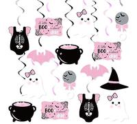 K KUMEED Decoraciones de Halloween para baby shower, 20 piezas azules "A Little Boo is Almost Debe", decoraciones colgantes de remolino para niños, bonitos remolinos de aluminio de murciélago para