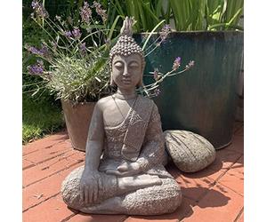K&L Wall Art Estatua de Buda Grande Figura de Piedra Artificial hormigón Gris fengshui decoración para jardín (45 cm de Altura, Gris)