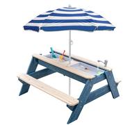 K LUCKIDS Kids 3 en 1 - Mesa de picnic convertible para exteriores con paraguas, 2 cajas de juego, parte superior desmontable, mesa de grifo para exteriores (azul/azul marino)