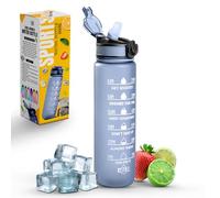 K-MART Botella de agua deportiva con popote y marca de tiempo, capacidad de 32 onzas, botella motivacional y ecológica sin BPA para correr, gimnasio, yoga, al aire libre y camping (estilo 1, gris)