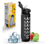 K-MART Botella de agua deportiva con popote y marca de tiempo, capacidad de 32 onzas, botella motivacional y ecológica sin BPA para correr, gimnasio, yoga, al aire libre y camping (estilo 1, negro)