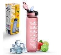 K-MART Botella de agua deportiva con popote y marca de tiempo, capacidad de 32 onzas, botella motivacional y ecológica sin BPA para correr, gimnasio, yoga, al aire libre y camping (estilo 1, rosa)