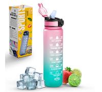 K-MART Botella de agua deportiva con popote y marca de tiempo, capacidad de 32 onzas, botella motivacional y sin BPA para correr, gimnasio, yoga, al aire libre y camping (estilo 1, rosa y verde menta)