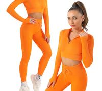 K-MART Conjunto de gimnasio para mujer de 2 piezas con cremallera para entrenamiento, camiseta corta, manga larga, conjunto de leggings para correr, yoga, gimnasio, actividad deportiva (naranja, L)