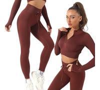 K-MART Conjunto de gimnasio para mujer de 2 piezas con cremallera para entrenamiento, camiseta corta, manga larga, conjunto de leggings para correr, yoga, gimnasio, actividad deportiva (marrón, XL)