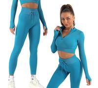 K-MART Conjunto de gimnasio para mujer de 2 piezas con cremallera para entrenamiento, camiseta corta, manga larga, conjunto de leggings para correr, yoga, gimnasio, actividades deportivas (azul