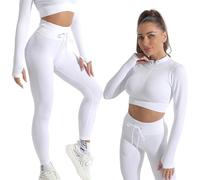 K-MART Conjunto de gimnasio para mujer de 2 piezas con cremallera para entrenamiento, camiseta corta, manga larga, conjunto de leggings para correr, yoga, gimnasio, actividad deportiva (blanco, L)