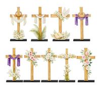 K1tpde Centro de mesa de madera de cruz de Pascua, decoración de mesa - Cuaresma religiosa He is Risen Cruz de madera letrero de madera extraíble decorativo de pie para el hogar, cruz religiosa de