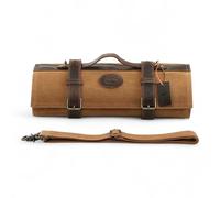 KAAMUT® Bolsa Profesional para Cuchillos - Rollo Enrollable con 12 Compartimentos & 2 Bolsillos con Cremallera - Lona Encerada & Cuero Genuino - Tamaño Grande - Caja de Regalo de Lujo Incluida