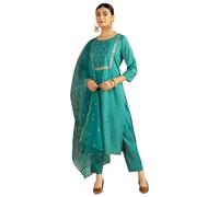 Kaari Conjunto de Kurta y Dupatta Bordados a Mano para Mujer Corte Recto | Tejido de Mezcla de Seda con Trabajo de dabka | Dupatta de Organza con Lentejuelas | Pantalón Recto con Bolsillo Lateral