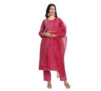 Kaari Conjunto de Kurta y Dupatta Bordados a Mano para Mujer Corte Recto | Tejido de Mezcla de Seda con Trabajo de dabka | Dupatta de Organza con Lentejuelas | Pantalón Recto con Bolsillo Lateral