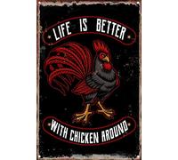 KAARIRI Cartel de metal retro vintage con texto en inglés "Life Is Better With Chickens Around Farm Country Cottage Chicken Coop Vintage Retro Metal Tin Poster" para decoración de pared, arte Shabby