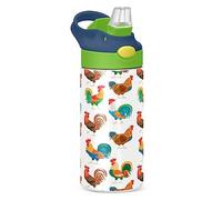 KAAVIYO Roosters Colorful Chicken Water Bottle Stainless Steel Insulated Vacuum Flask Leak Proof with Straw Brush Cup 350ML for Boys Girls Kids