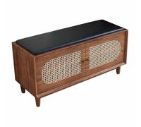 KaBuea Banco de Cambio de Zapatillas de Madera sólida con Asiento de Cuero sintético, gabinete de ratán y Estante de 2 Niveles, marrón-Almacenamiento en el hogar Esencial