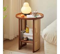 KaBuea Mesa Auxiliar Redonda con Tablero de bambú: 2 Niveles de Almacenamiento y ratán Transpirable. Mesa Auxiliar for Sala de Estar o Dormitorio, Perfecta for Espacios pequeños.(B,39cm)