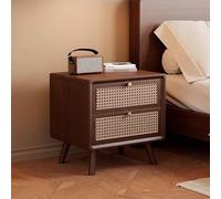 KaBuea Mesita de Noche pequeña de Madera Maciza de Nogal con 2 cajones de ratán y Tiradores metálicos. No Requiere Montaje. Perfecta for Dormitorio, habitación de Invitados o Espacios pequeños.(43cm)