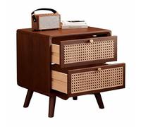 KaBuea Mesita de Noche pequeña de Nogal, de Madera Maciza con 2 cajones de ratán y Tiradores metálicos, sin Montaje, Ideal for Espacios reducidos.(35cm)