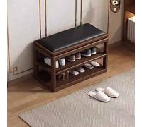 KaBuea Solid Wood Shoe Bench with Multi-Layer Walnut Shoe Rack & Black Faux Leather Cushion, Space-Saving for Entryway Hallway(60cm)