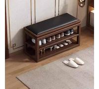 KaBuea Solid Wood Shoe Bench with Multi-Layer Walnut Shoe Rack & Black Faux Leather Cushion, Space-Saving for Entryway Hallway(80cm)