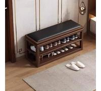 KaBuea Solid Wood Shoe Bench with Multi-Layer Walnut Shoe Rack & Black Faux Leather Cushion, Space-Saving for Entryway Hallway(100cm)