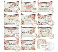 Kacctyen 20 bolsas de cosméticos de lona para regalos de agradecimiento a los empleados, bolsas de maquillaje con citas inspiradoras a granel con cremallera, bolsillo redondo portátil, espejos