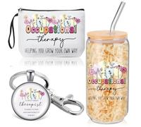 Kacctyen Regalo de terapia ocupacional para mujeres, bolsa de maquillaje para terapeutas ocupacionales con llavero, vasos de vidrio de 17 onzas con tapas y popotes, regalos de terapia para terapeutas