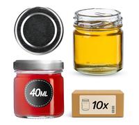 KADAX 10 Tarros Pequeños De 40 Ml Con Tapa De Rosca TO43 Para Conservas, Especias, Pruebas, Mermelada Y Miel (10 Unidades, Tapas Plateadas)
