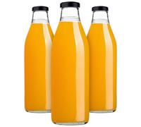 KADAX 3er Set de Botellas de Cristal de 1L con Tapón de Rosca Negro - Botellas de Leche y Jugo Vacías para Rellenar con Jugo, Leche, Batidos y Jarabe, Botellas de Vidrio Reutilizables
