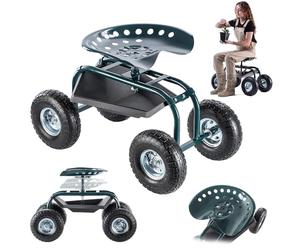 KADAX Asiento de jardín con ruedas para jardinería, carrito de jardín con práctico estante, asiento de jardín móvil, taburete de jardín con ruedas (verde - negro)