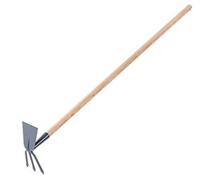 KADAX Azada de metal, azada de jardín con mango largo de madera, doble azada para jardín para aflojar, ventilar y deshierbar el suelo, azada de malas hierbas (larga, rectángulo - 3 dientes, con mango