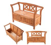 KADAX Banco de jardín, 119 x 43 x 75 cm, banco de madera con espacio de almacenamiento y respaldo, resistente a la intemperie, color marrón