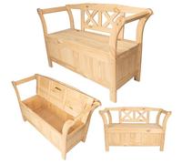 KADAX Banco de jardín, 119x45x73cm Banco con cojín de una placa de fibra de madera, banco con espacio de almacenamiento y respaldo, banco de madera para jardín, balcón (119 cm/Natural)