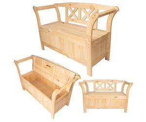 KADAX Banco de jardín, 119x45x73cm Banco con cojín de una placa de fibra de madera, banco con espacio de almacenamiento y respaldo, banco de madera para jardín, balcón (119 cm/Natural)