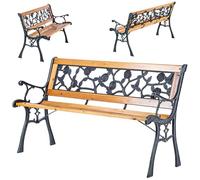 KADAX Banco de jardín de madera y hierro fundido, banco de madera de 2 plazas con reposabrazos y respaldo, banco, banco de parque, banco exterior para balcón, jardín, terraza (marrón/rosa)