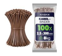 KADAX bridas para cables marrones 300 mm x 2,5 mm, set de 100, nylon con 8 kg de tracción para ordenar cables en hogar, jardín, taller y oficina