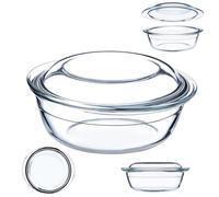 KADAX Cacerola de cristal resistente al calor, recipiente ignífugo, olla de cristal con tapa y asas, vajilla para asar, horno, cocina eléctrica, para lasaña, carne, transparente (redonda, 2,2 L)