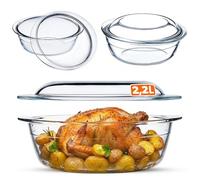 KADAX Cacerola de vidrio resistente al calor, recipiente ignífugo, fuente de vidrio con tapa y asas, vajilla para asar, horno, cocina eléctrica, para lasaña, carne, transparente (redonda, 2,2 L)