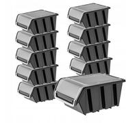 KADAX Juego de 10 cajas apilables con tapa, cajas de almacenamiento de plástico PP, en diferentes tamaños y colores, cajas de almacenamiento con solapa para pared de herramientas (negro, 155 x 100 mm)