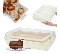 KADAX Caja de plástico para tartas con tapa, 44 x 30 x 12,5 cm, caja de transporte con asa, molde para tartas de hojalata, magdalenas, rectangular, caja de alimentos (crema)