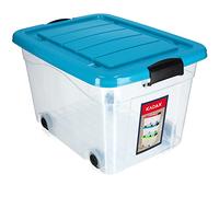 KADAX Contenedor de plástico con ruedas de 40 l, color azul, caja de almacenamiento de plástico, organizador con tapa, caja de clip para juguetes, contenedor de almacenamiento con cierre de clic