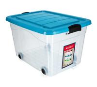 KADAX Contenedor de plástico con ruedas de 60 l, color azul, caja de almacenamiento de plástico, organizador con tapa, caja de clip para juguetes, contenedor de almacenamiento con cierre de clic