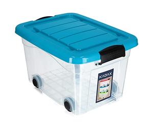 KADAX Contenedor de plástico con ruedas de 60 l, color azul, caja de almacenamiento de plástico, organizador con tapa, caja de clip para juguetes, contenedor de almacenamiento con cierre de clic