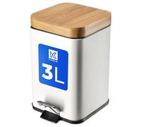 KADAX Cubo de basura de acero con recubrimiento en polvo, 3 l, con contenedor interior, pedal, descenso automático y tapa de bambú, blanco