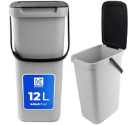 KADAX - Cubo de basura de plástico con tapa y asa, 12 L, para la recogida de residuos, rectangular, con tapa abatible, gris