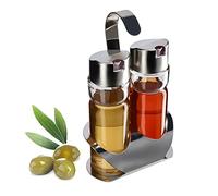 KADAX Dispensador de aceite y vinagre con soporte, recipiente de vidrio transparente con tapa de metal, juego de dispensadores de aceite, botellas de especias de cocina, aceite y vinagre (plata)
